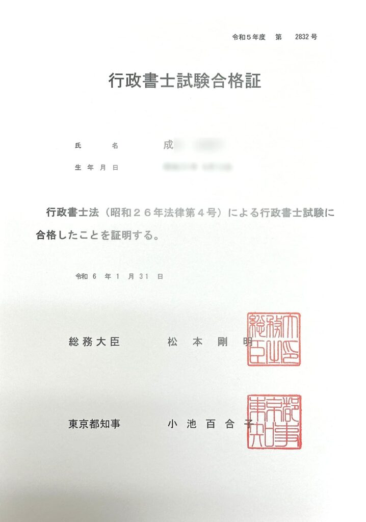 2023年行政書士試験合格証書